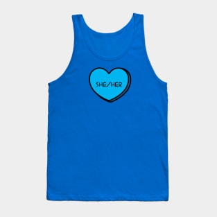 Pronoun She/Her Conversation Heart in Blue Tank Top